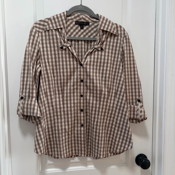 Lafayette 148 Gingham Button Down Blouse size 6 Taupe Cream Roll Tab Long Sleeve - Picture 12 of 12